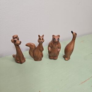 1950s Faux Wood Miniature Animals Jeweled Eyes Squirrel, Bear, Penguin, Poodle